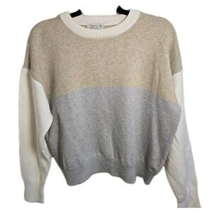 Poof Color Block Sweater Womens L Oversized Cozy Knit Cream Grey White